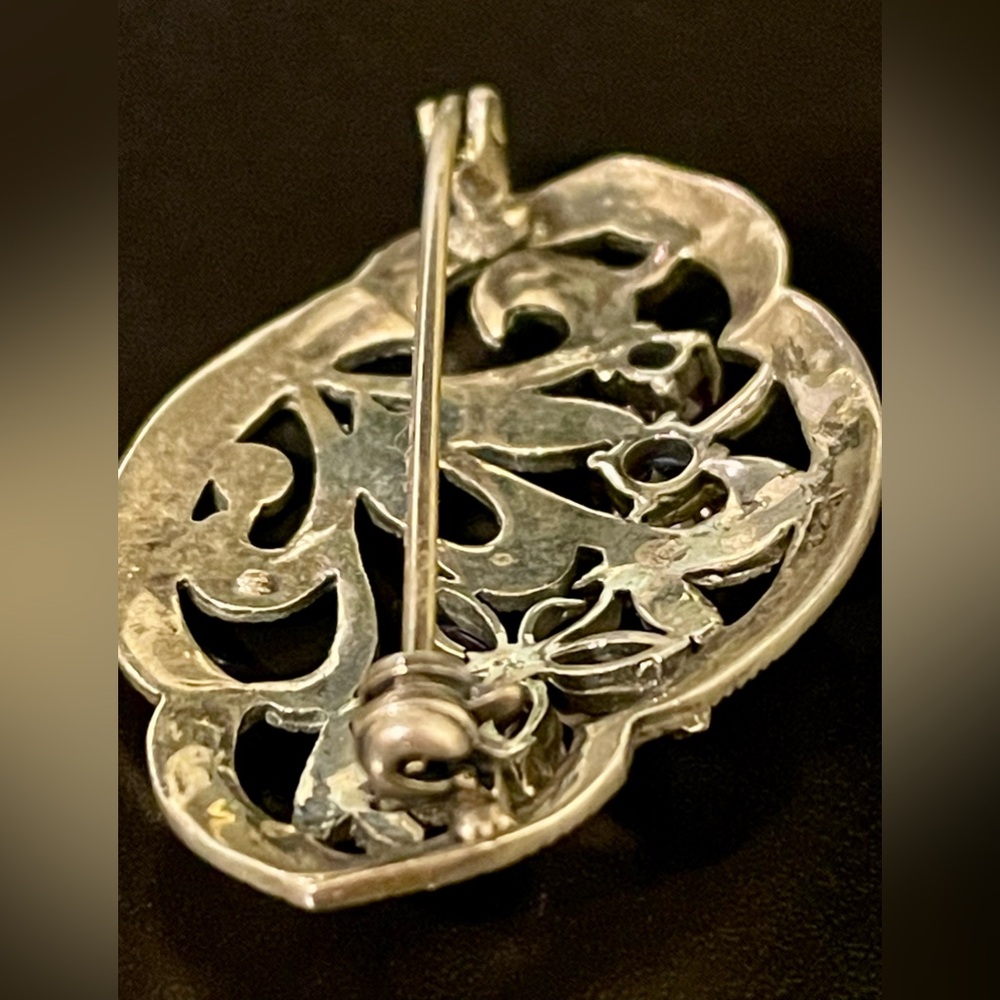 Vintage Sterling Silver Marcasite Amethyst Floral Pin Brooch - Picture 5 of 9